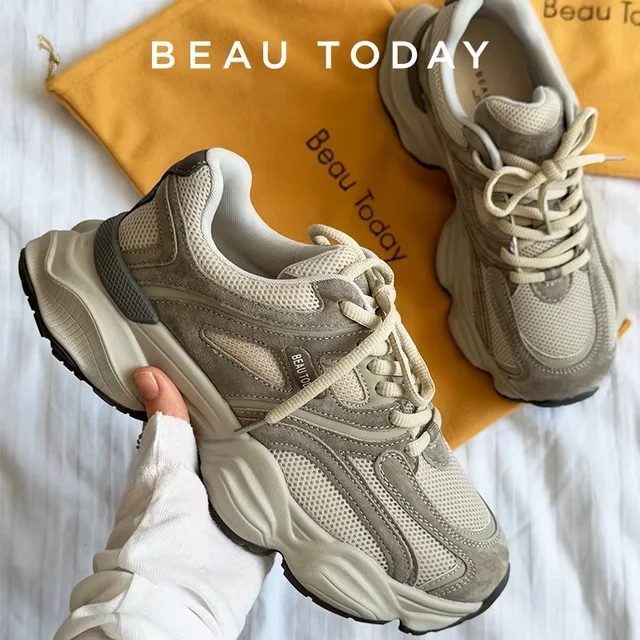 BEAUTODAY Grube Sneakersy Damskie Siateczkowe Mieszane Okrągły Nosek Sznurowane Gruba Podeszwa Nowe Oddychające Damskie Buty Sportowe Ręcznie Robione HW29A14