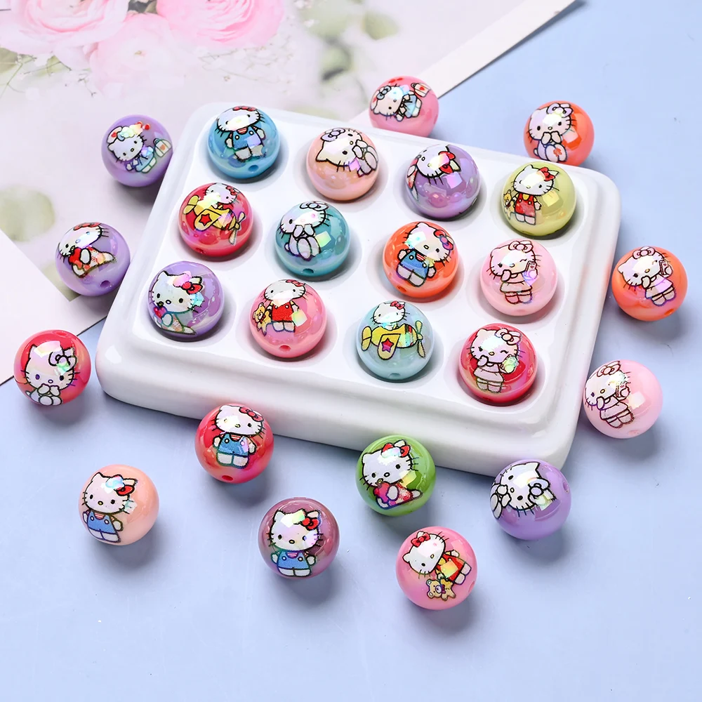 10 Buah Manik Akrilik Campuran Acak 16mm Motif Sanrio Bulat Untuk DIY Rantai Empeng Bayi Perhiasan Aksesoris Buatan Tangan