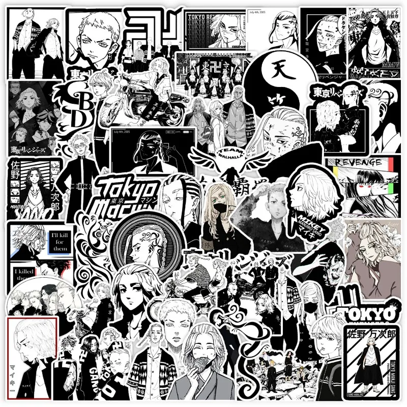 50pcs Tokyo Revengers Black and White Mikey Draken Graffiti Sticker Mobile Phone Water Computer Decoration Sticker Waterproof