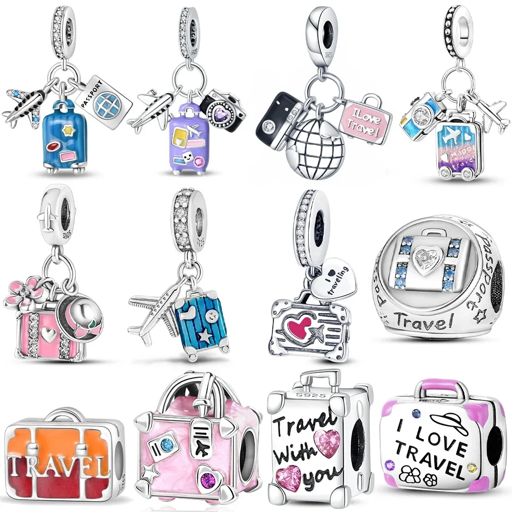 Travel Suitcase Airplane Camera Silver Plated Beads Original Charms Fit Bracelets Bag Keychain Charms DIY Women Gift Accessory