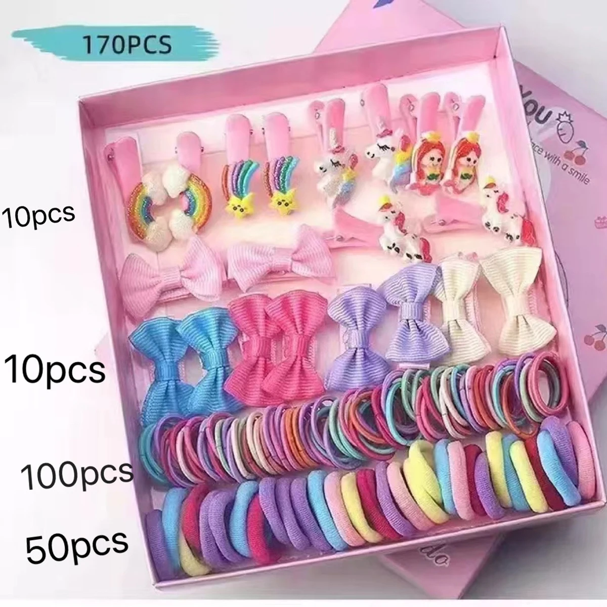 170pcs Children\'s Accessories Hair Clip Hair Card Princess Hair Rope Gift Box Side Clip Hair Accessories Combination Set