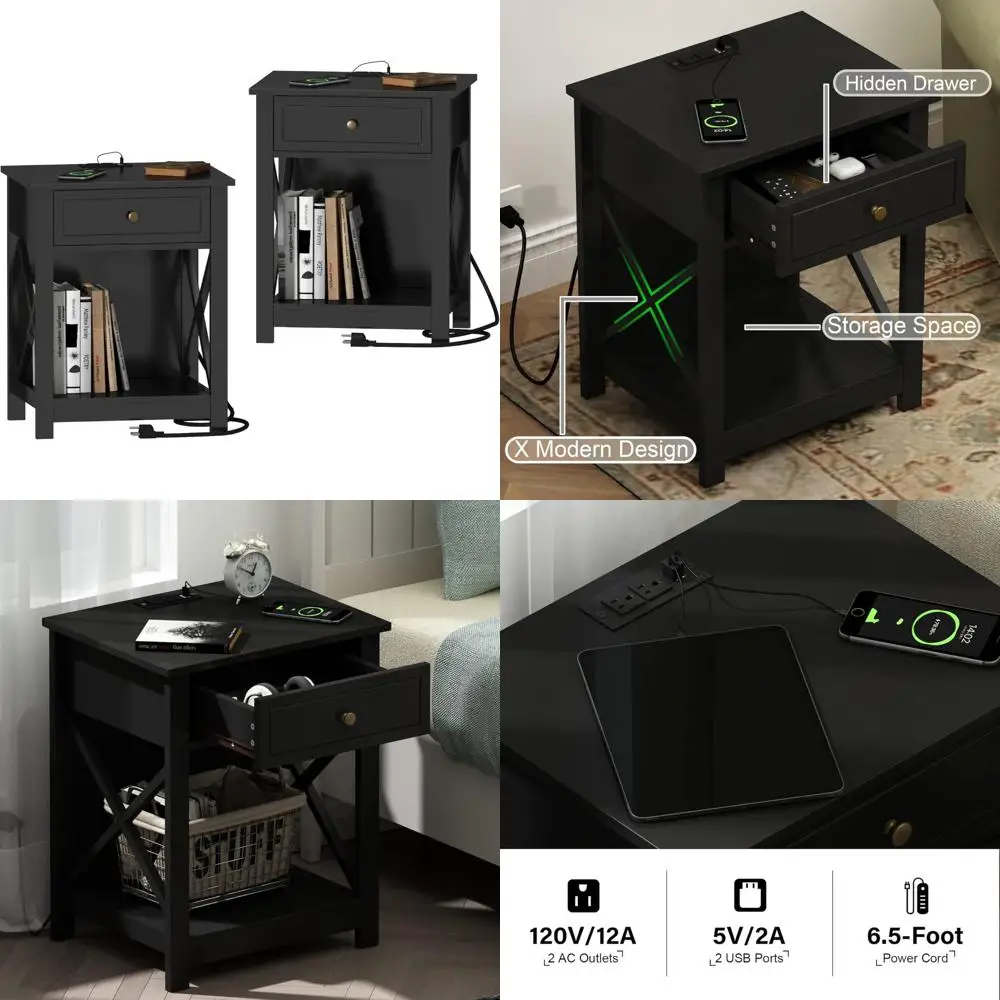 Treocho Schwarzes Doppel-Beistelltisch-Nachttisch-Set mit Ladestation, Beistelltischen im X-Design mit 2 AC- und USB-Anschlüssen, kompaktes Ni