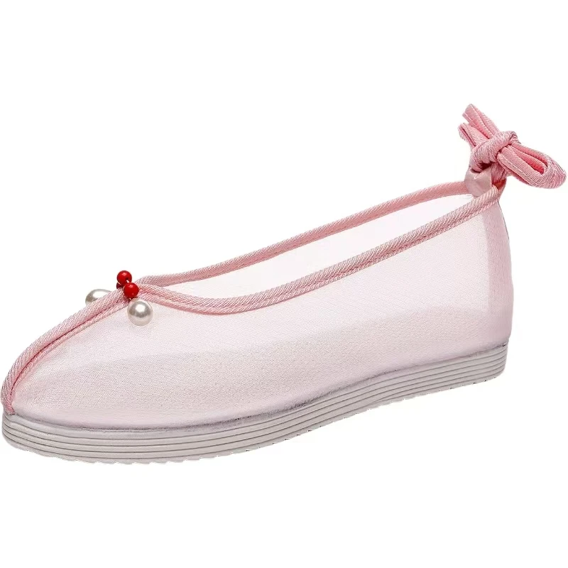 

Woman's Summer Flat Sole Solid Mesh Hanfu Shoe Ethnic Style Soft Sole Non Slip Shallow Ankle Strap Round Toe Tee Art Shoe Sandal