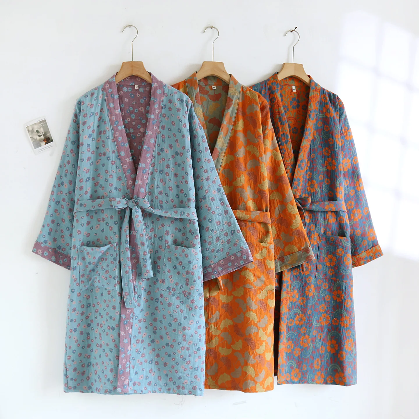 

Crepe Gauze Bathrobe Printed Cotton Robe Long-Sleeved V-Neck Kimono Wedding Robes Sleepwear Large Size Dressing Gown For Women