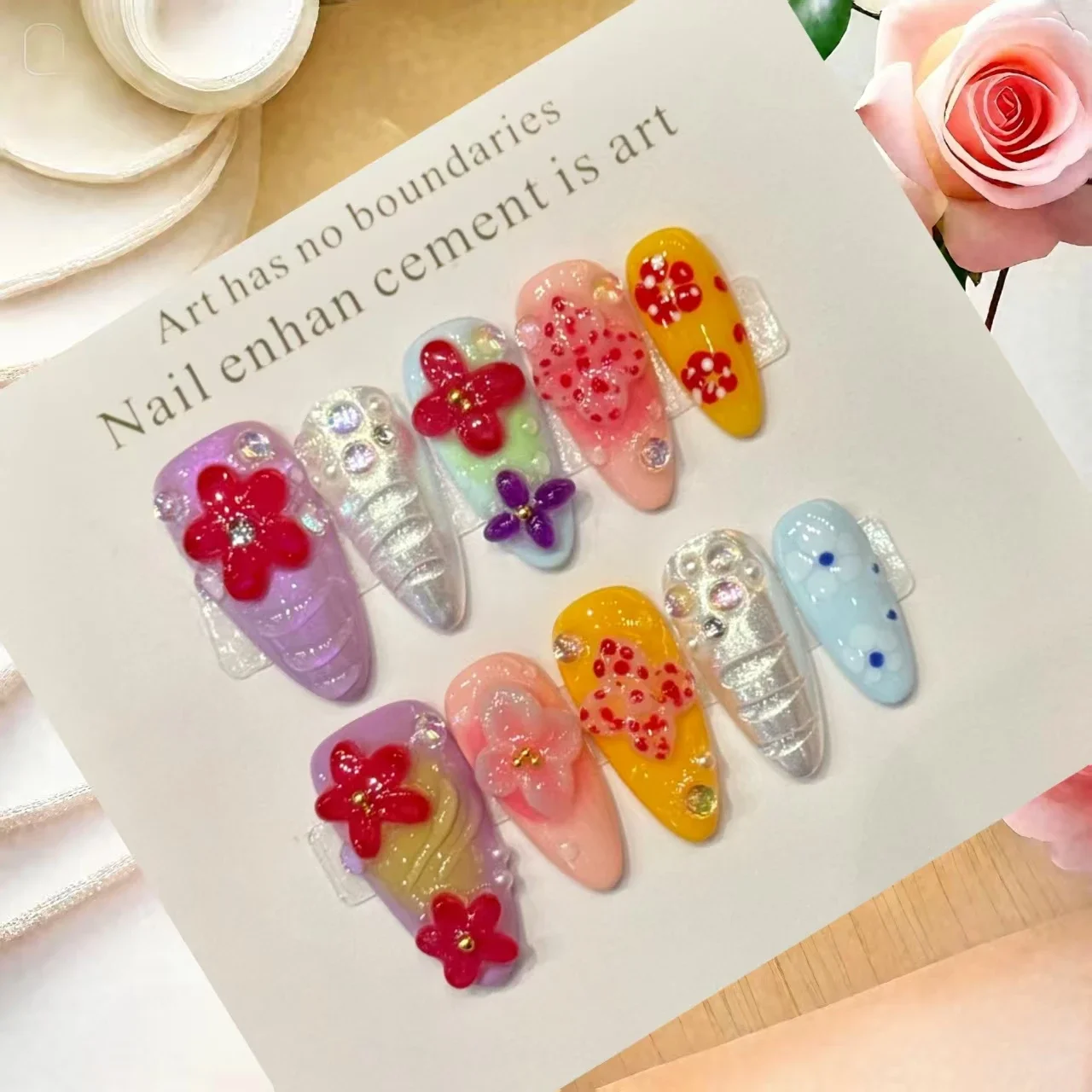 

10 шт., 3D островные цветочные типсы для ногтей, ручная работа, весна-лето, наклейки для ногтей для женщин, зарубежная торговля, модные ногти с инструментами из 4 шт.