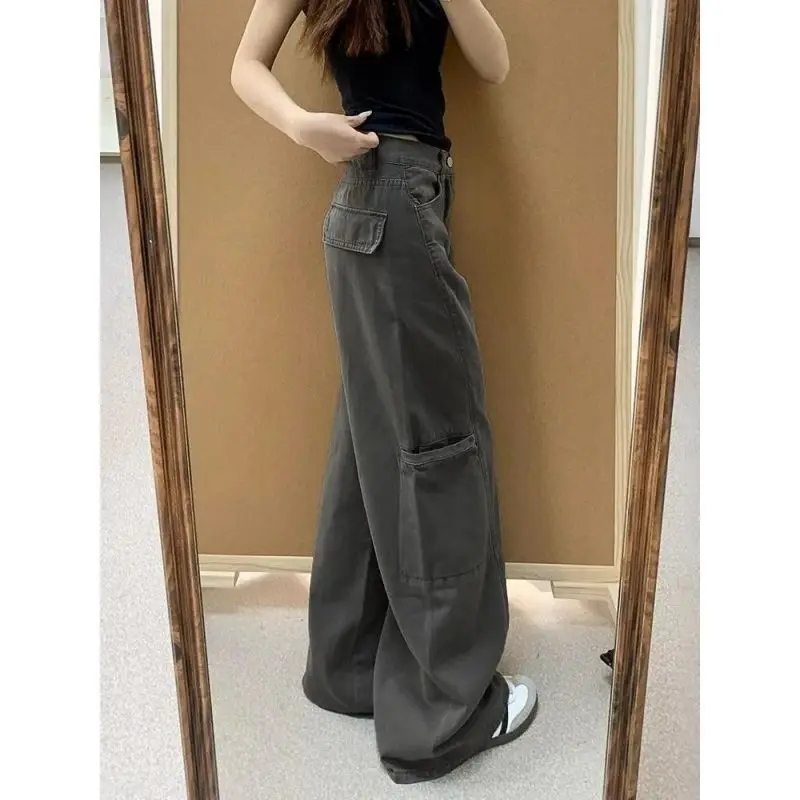 American Grey Work Pants Women's Spring Summer New Retro High Waist Loose Wide Leg Jeans Slim Straight Floor-Length Pants
