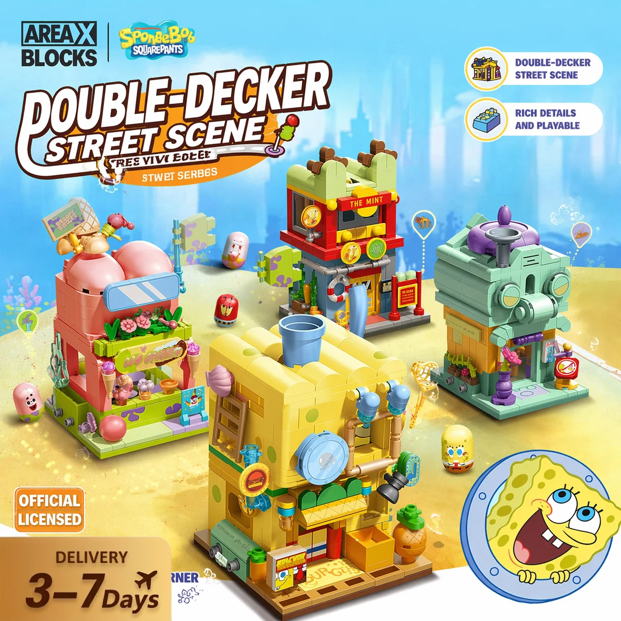 SpongeBob Schwammkopf Doppelstöckiges Straßenansicht-Baustein-Set Cartoon Kreatives Montagemodell SpongeBob Bausteine Puzzle Kreatives Spielzeug Geschenk