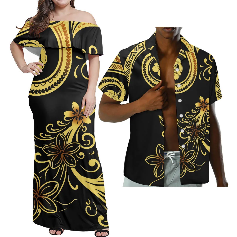 

HYCOOL Hibiscus Print Off Shoulder Gold Dresses For Women Polynesian Tribal Couple Dress Wedding Guest Long Summer Casual Dress