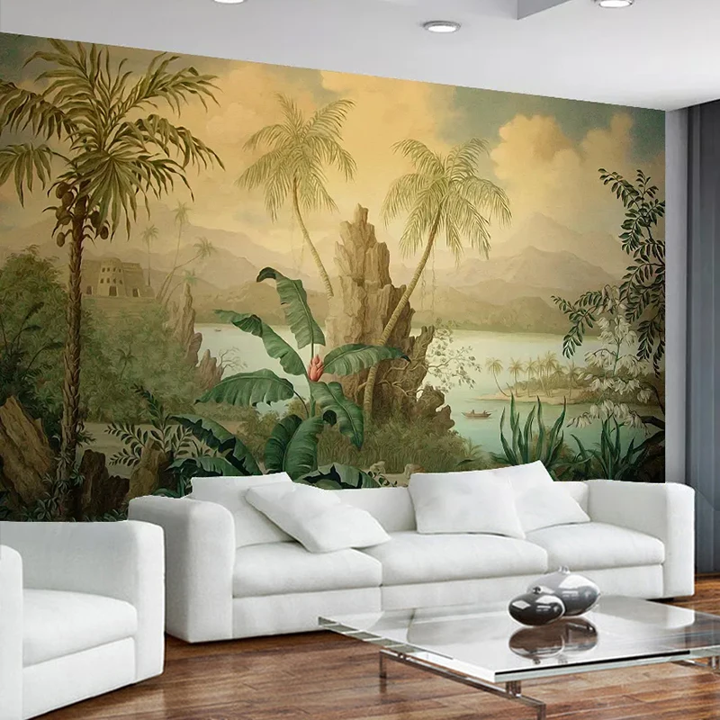 Papel tapiz 3D personalizado, Mural artístico de pared, pintura al óleo de paisaje Retro de estilo europeo, papel tapiz de árbol de coco y plátano de selva Tropical