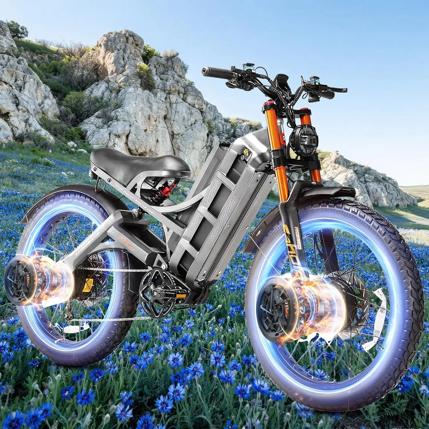 5600W Dual Motor Electric Mountain Bike, 50MPH 250+ Mile Range Ebike, 60V 80Ah 7-Speed Air Suspension 26x4 Fat Tire, Customized