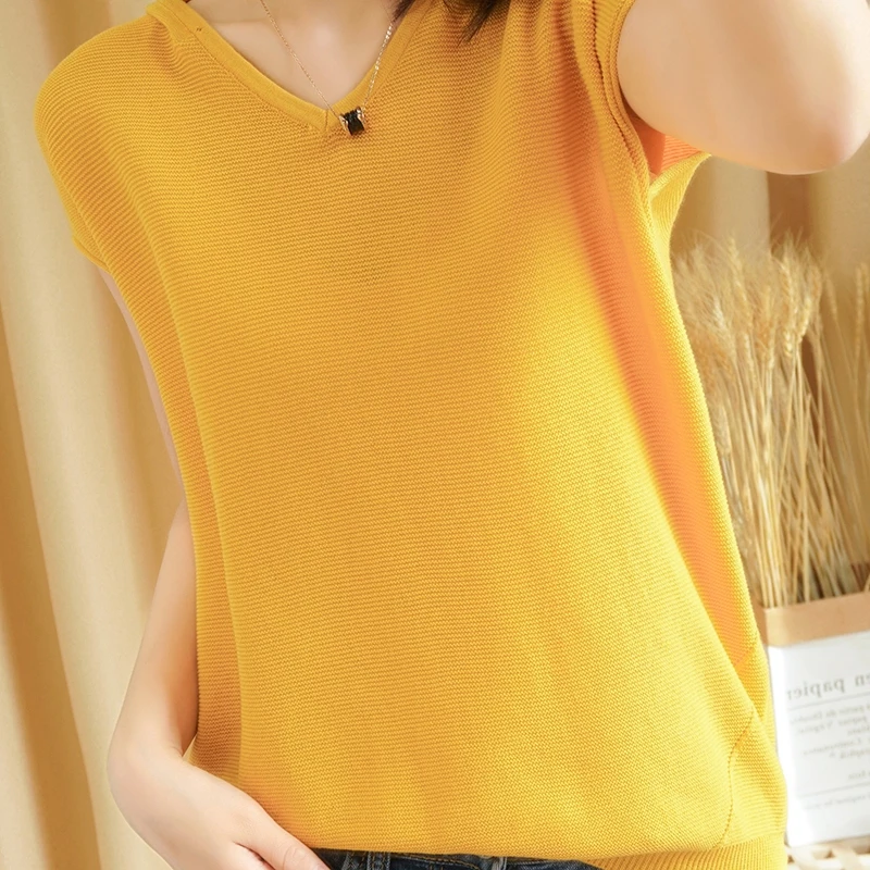 Women's T-shirt Summer New 100% Cotton Knitted Short Sleeve Casual Solid Tees Loose Hooded Collar Tops Ladies Blouse