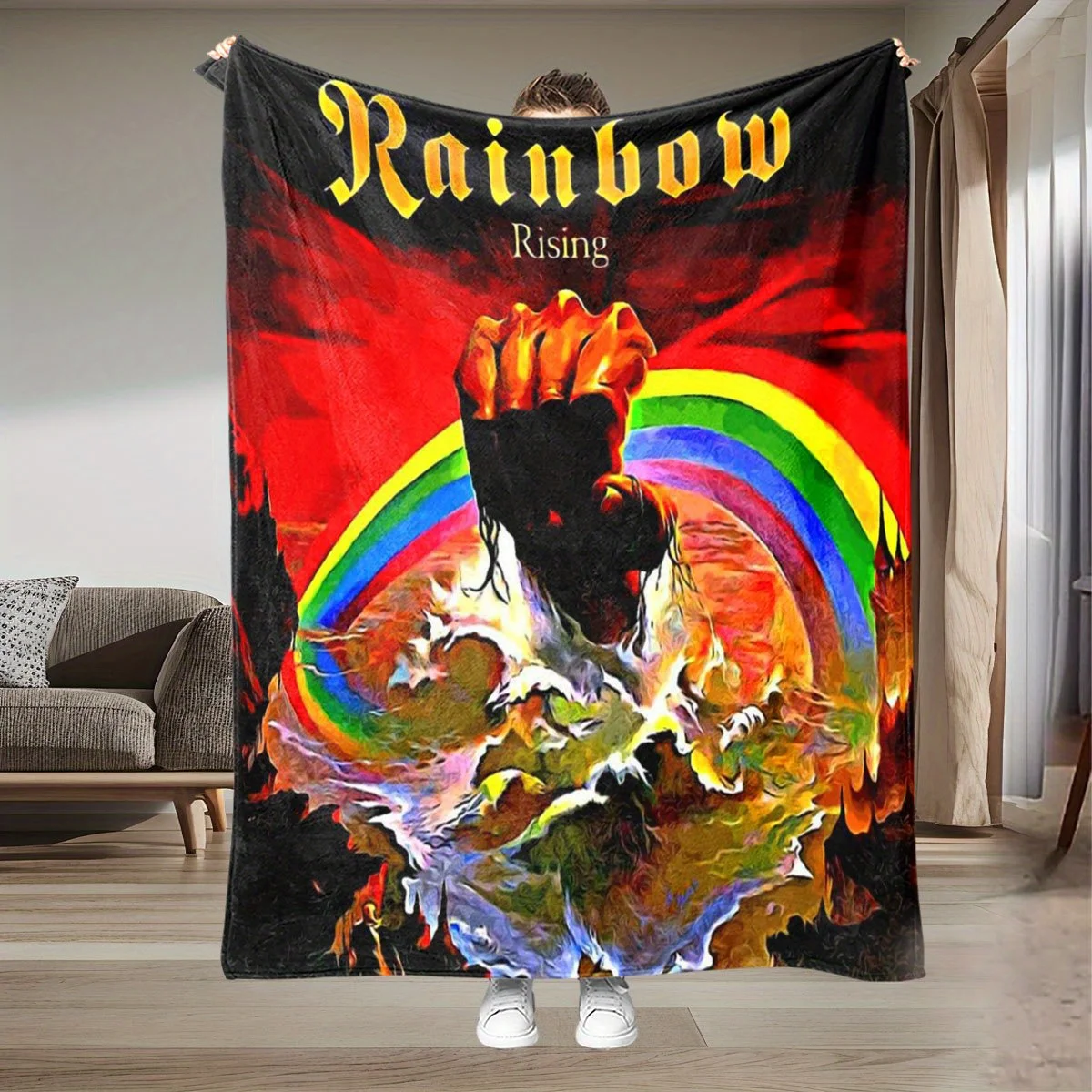 Retro rainbow arch pattern Flannel printed blanket suitable for all seasons suitable for living room office sofa and travel