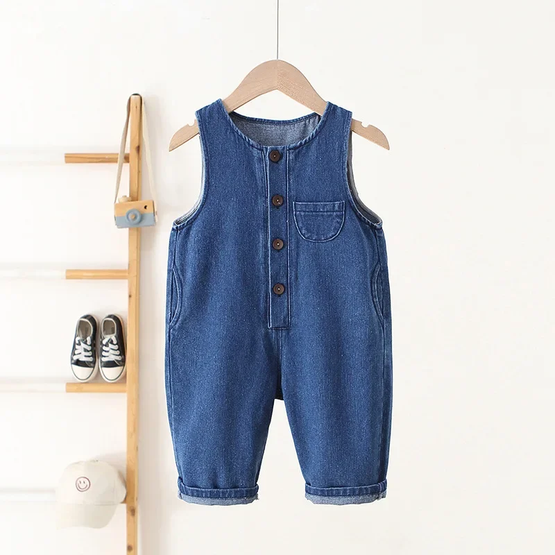

Toddler Girl Korean Children's Clothes 0-4Y Baby Girls Boy Cotton Denim Overalls Single Row Button Closure Casual Daily Jumpsuit