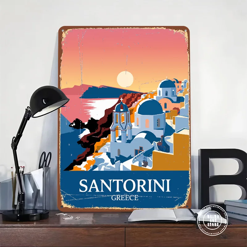 Santorini Greece Travel Tinplate Poster Custom Wall Art Vintage Metal Signs Retro Tin Plaque for Home and Decoration Room Decor