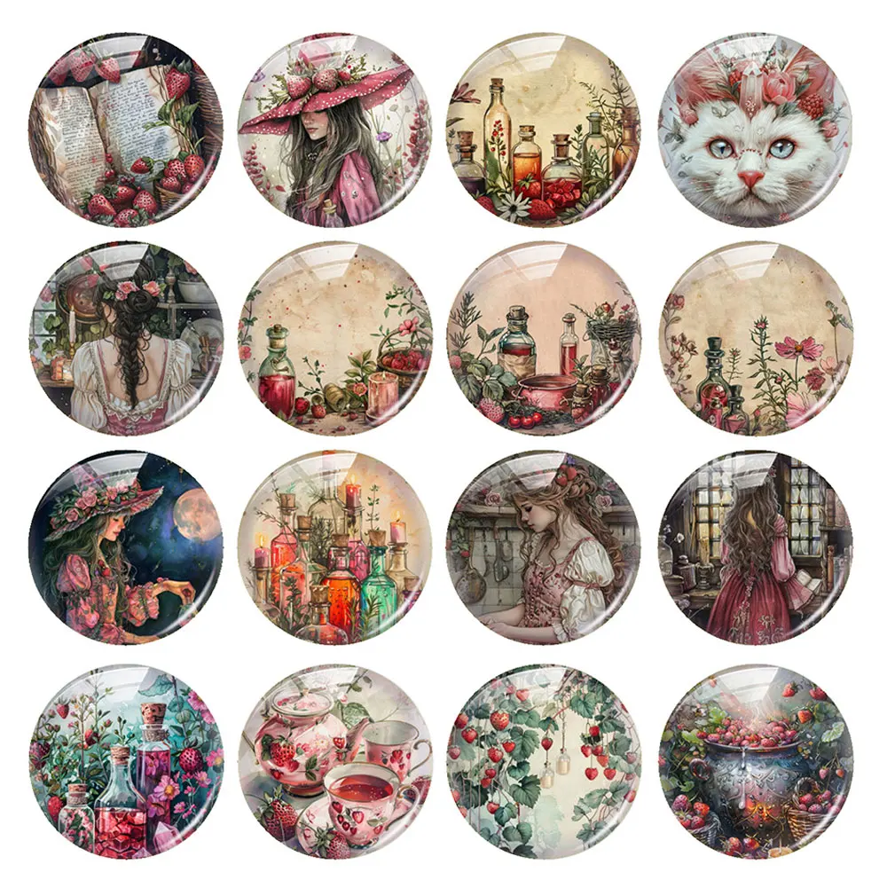 

Handmade Halloween Pink Witch Strawberry Cauldron Cat Round Photo Glass Cabochon Flatback Demo Cameo For Diy Jewelry Making