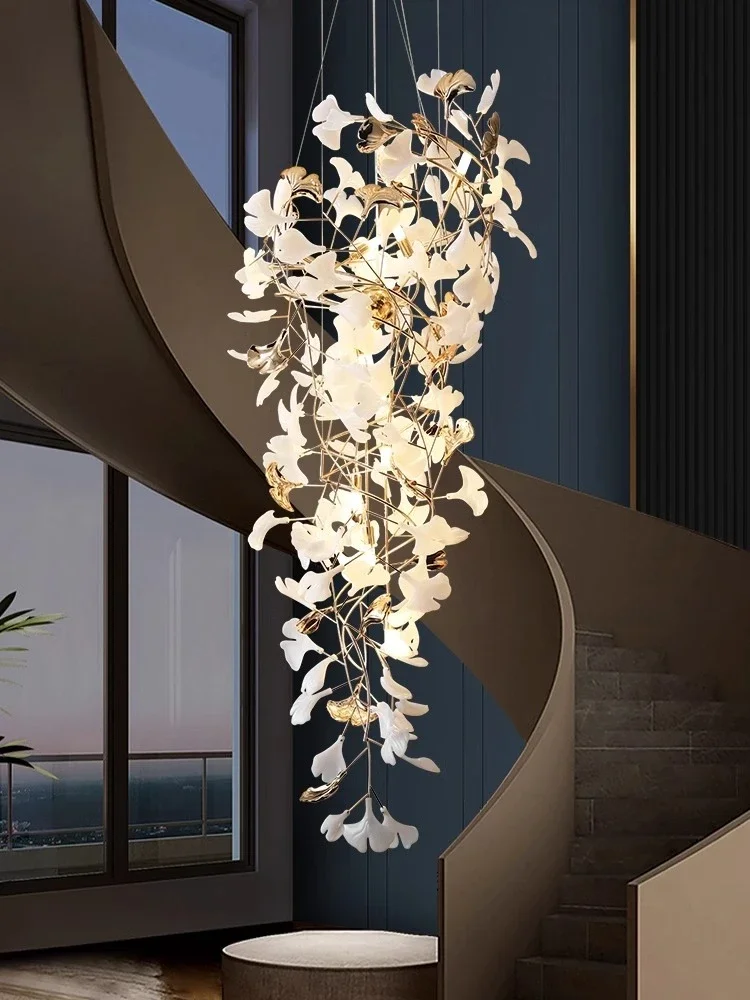 NEW Luxury Staircase Chandelier Villa Duplex Designer Pick Empty Lobby Apartment Jump Floor Ginkgo Leaf Long Hanging Lighting