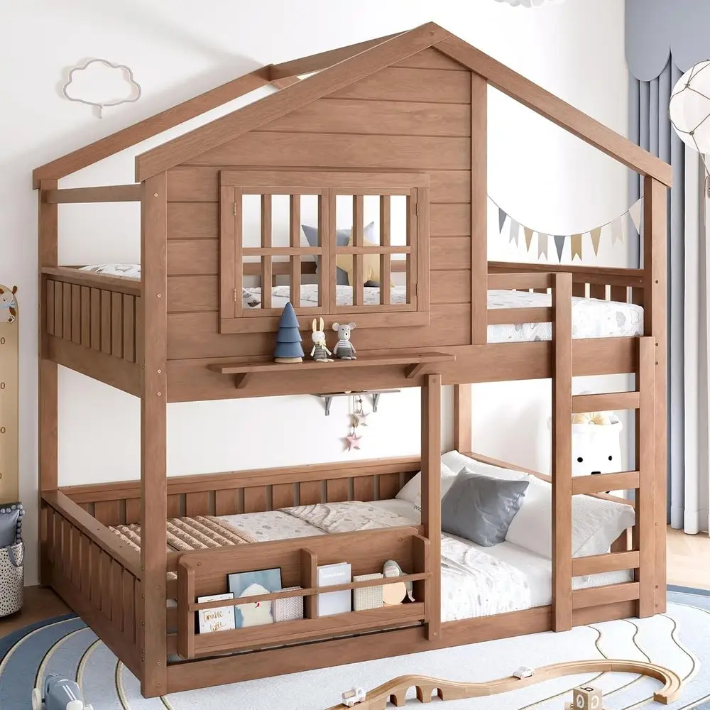 

Oversize Loft Bunk Bed with Windows, Bookshelves, Safety Rail, and Ladder for Teens and Kids