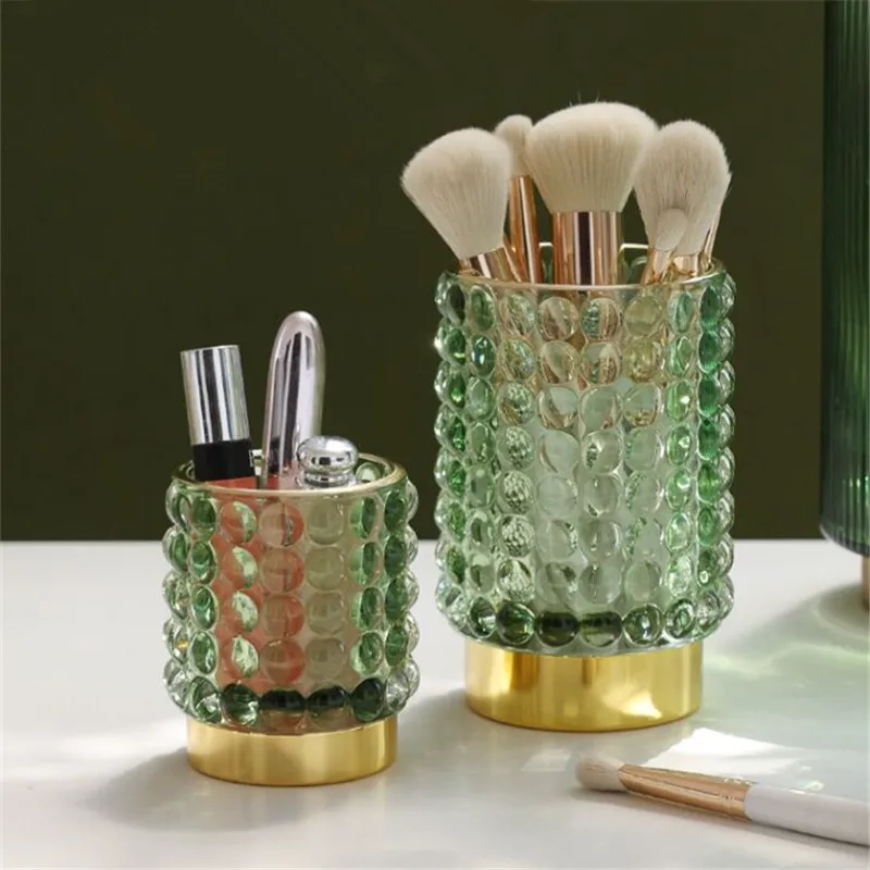 

Bathroom Storage Bucket Glass Lipstick Beauty Tools Case Scissors Comb Box Advanced Vanity Pen Container Dressing Room Green