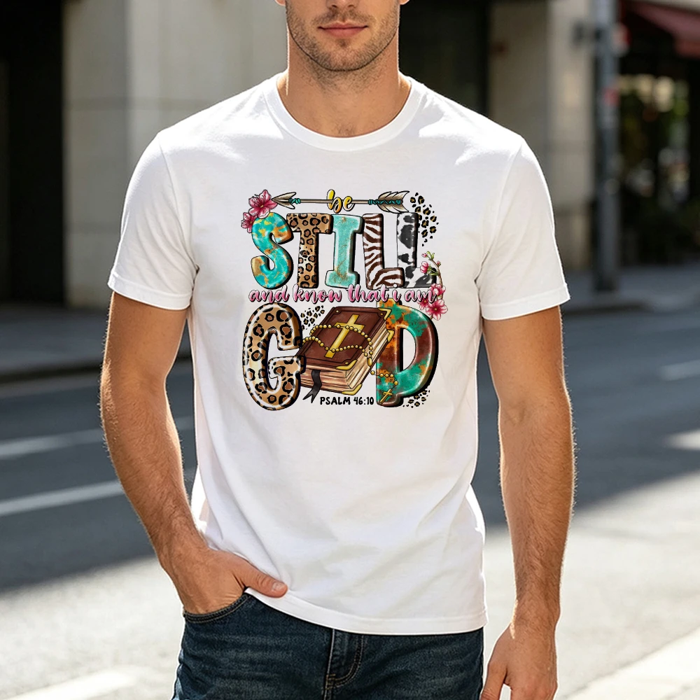 Leopard Print Be Still And Know God Text Men T Shirt Bible Verse Psalm 46 10 Design Short Sleeve Top Spiritual Religious Gift