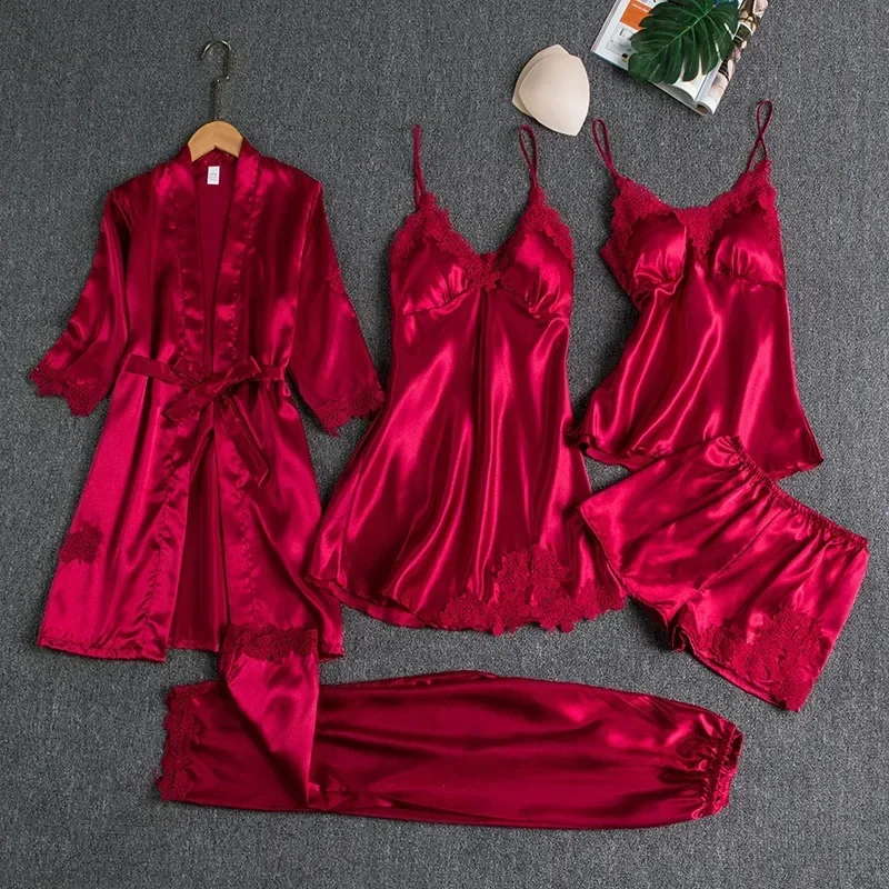 Sleepwear Female 5PCS Pajamas Set Satin Pyjamamas Lace Patchwork Bridal Wedding Nightwear Rayon Home Wear Nighty&Robe Suit