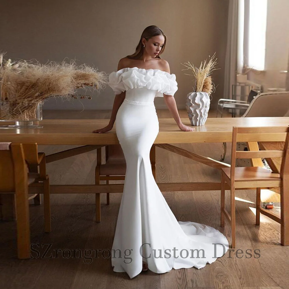 

Custom Made Boat Collar Ruffles Mermaid Lace up Back Floor Length Boho Wedding Gown Moden Bridal Dresses with Train Vestidos De