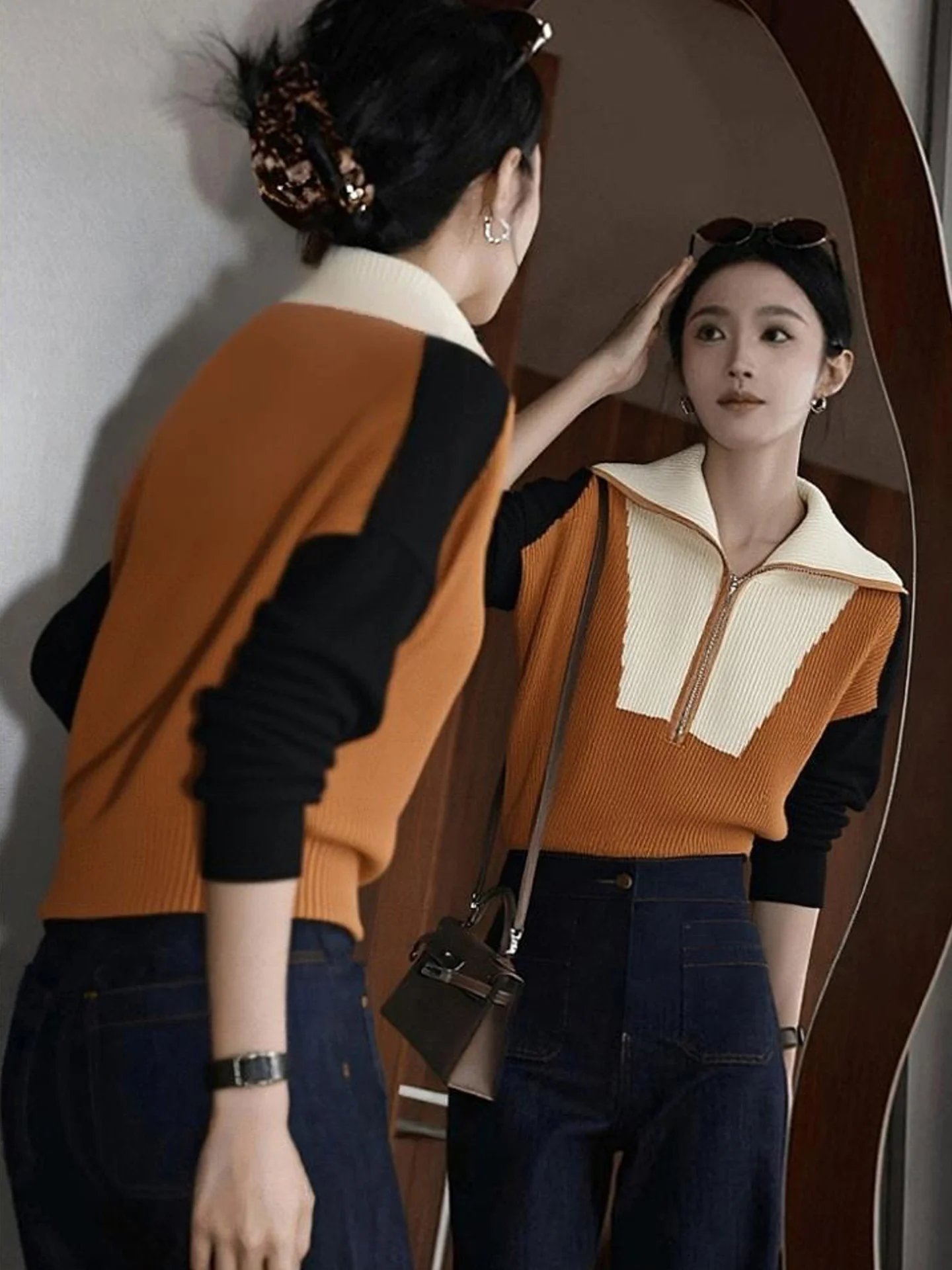 

Шикарный вязаный свитер с воротником, толстый, с длинными рукавами, женский, в корейском стиле, зимний топ, уникальный дизайн, удобный для повседневной носки