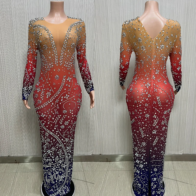 반짝 이는 그라디언트 라인 석 드레스 긴 소매 댄스 파티 드레스 이브닝 드레스 여성 생일 축하 의상 레이브 복장 XS5693