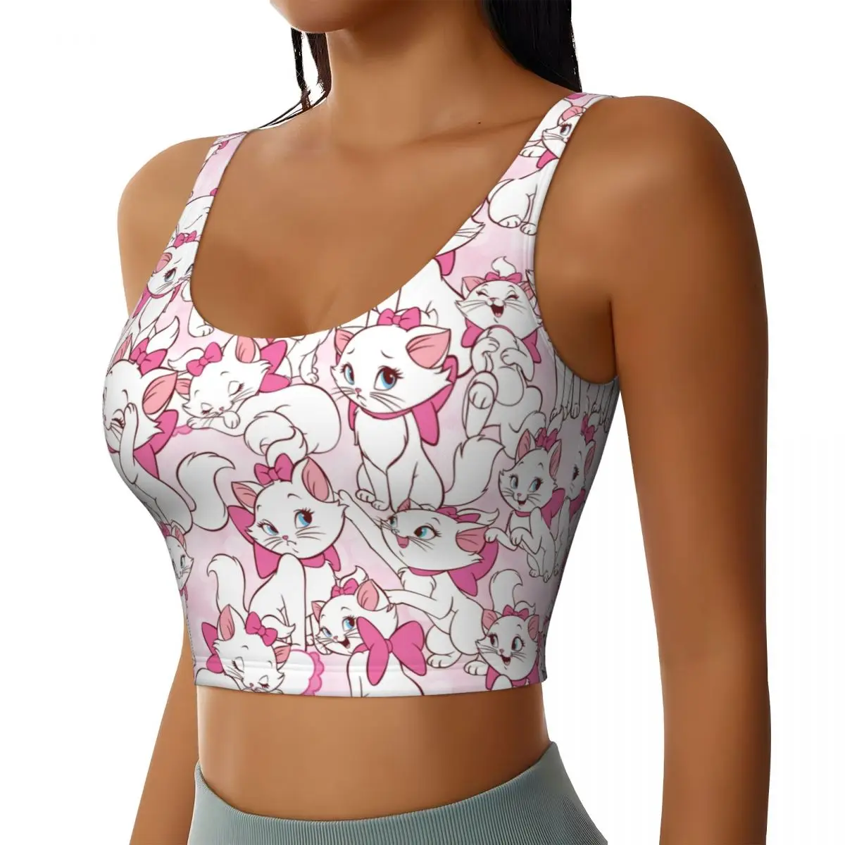 Custom High Impact Marie Cat On Pink Sports Bra for Women Cartoon Gym Workout Yoga Crop Top