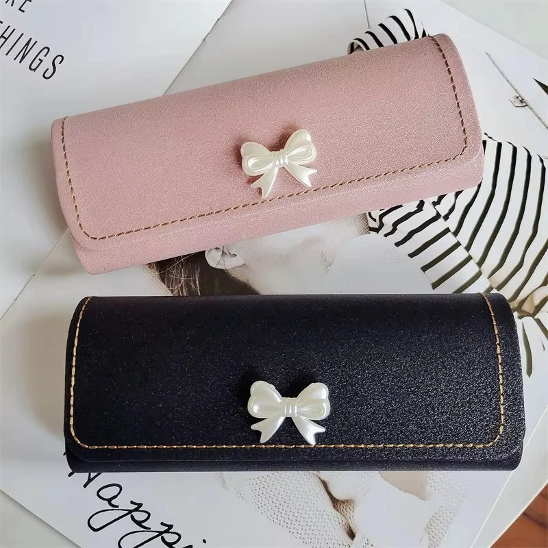 KLASSNUM Glasses Hard ShellS Case PU Leather Bow Decor Magnetic Closure Storage Sweet Eyewear Bag Contrast Stitching Girls