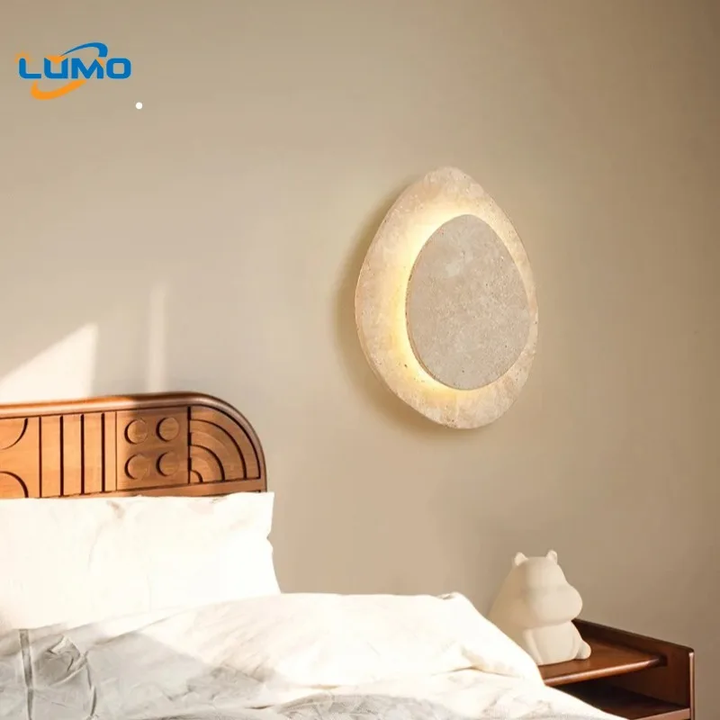 

Japanese Retro Double-layer Oval Yellow Travertine Wall Lamps LED Lights Creative Bedroom Study Living Room Restaurant Sconces