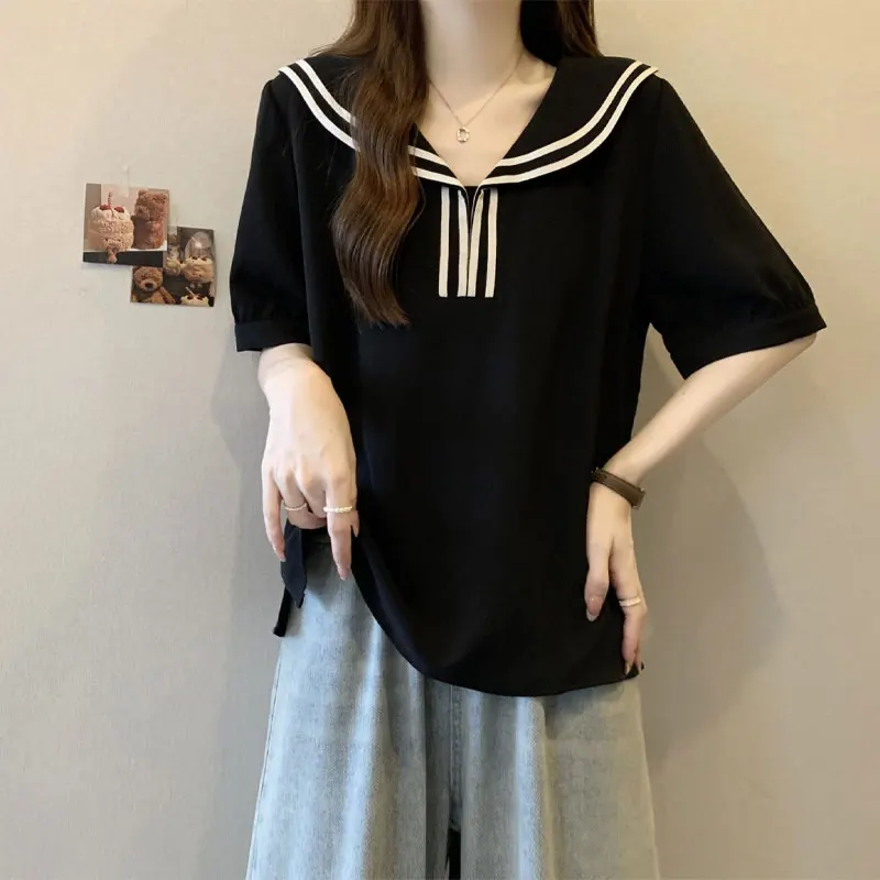 

Casual Basic Sailor Collar Pullovers Summer Short Sleeve Women's Clothing Fashion Patchwork Contrasting Colors Loose T-shirt New