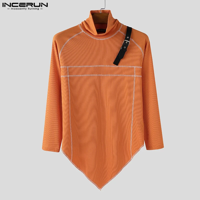 

INCERUN Men Irregular T Shirt Patchwork Turtleneck Long Sleeve Male Tee Tops Streetwear Knitted Fashion Men Clothing Camisetas