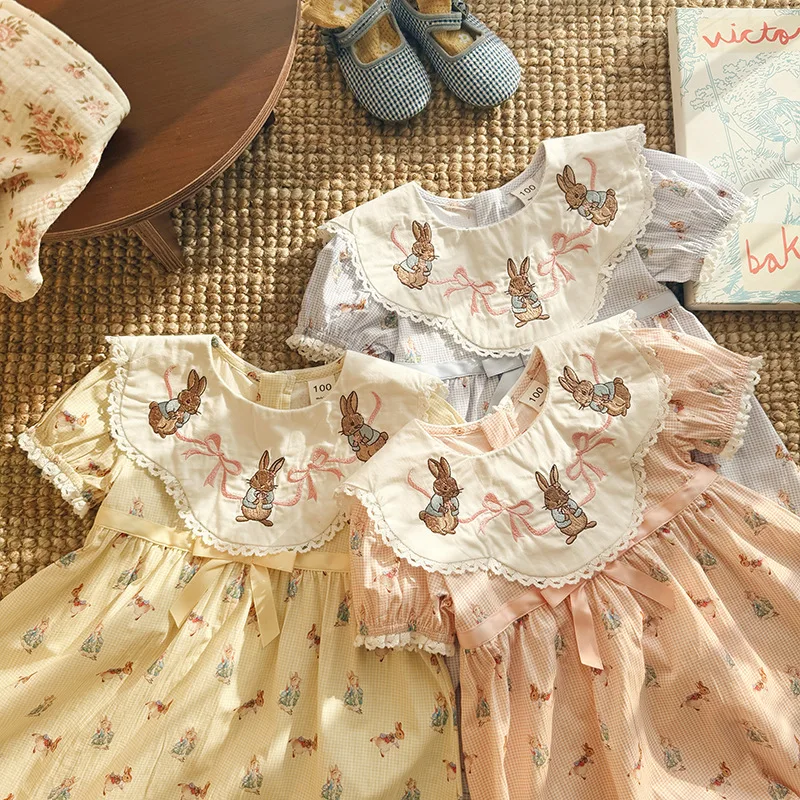 Party Dress Korean Children's Cartoon Embroidered Plaid Dress Lace Collar Bubble Sleeve Summer 2026 Collection Girls' Dress