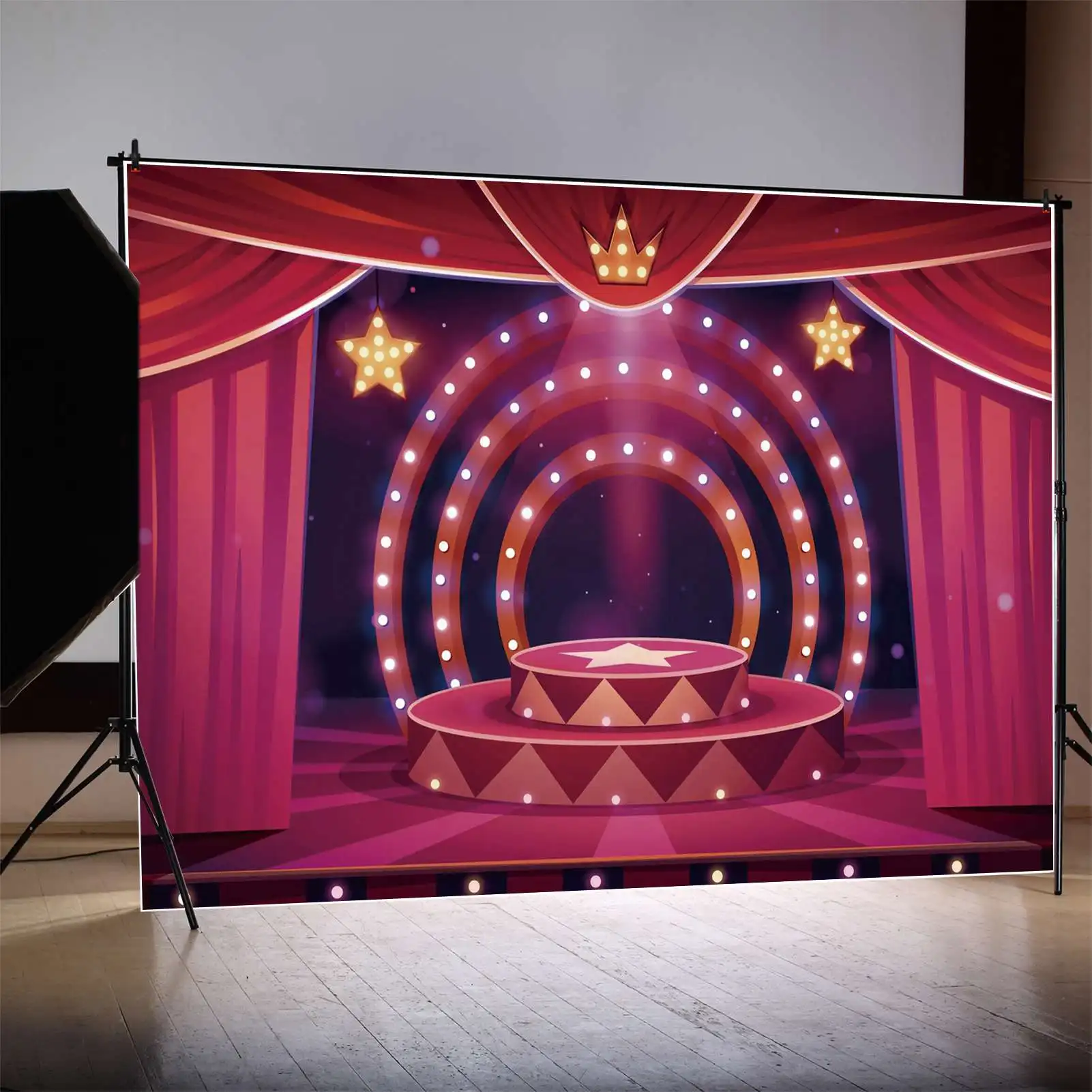 MOON.QG Backdrop Birthday Party Red Curtain Got Talent Show Dance Stage Background Customized Star Crown Light Photo Booth Props