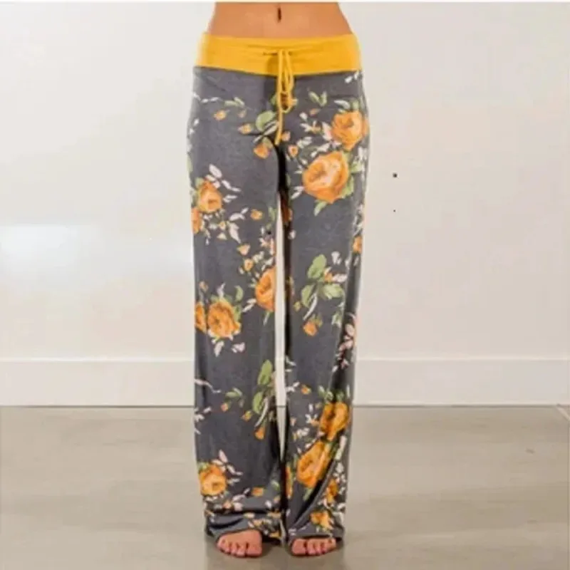 Pantaloni da donna a gamba larga, casual, alla moda, elasticizzati, stampati, con coulisse, senza cavallo, con cerniera nascosta, stile pigiama