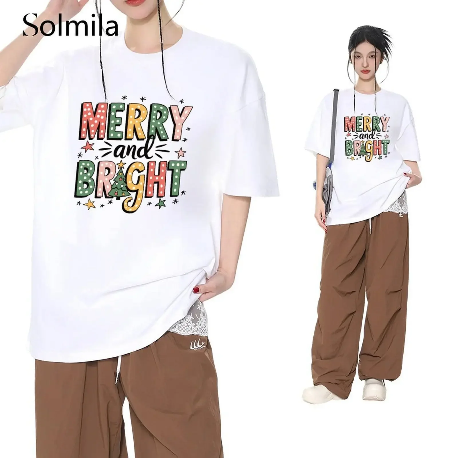

Women Quick Drying Causal Comfortable Short Sleeve Printed Christmas Merry And Bright T-Shirt Tee T Shirt Women Clothing Couple