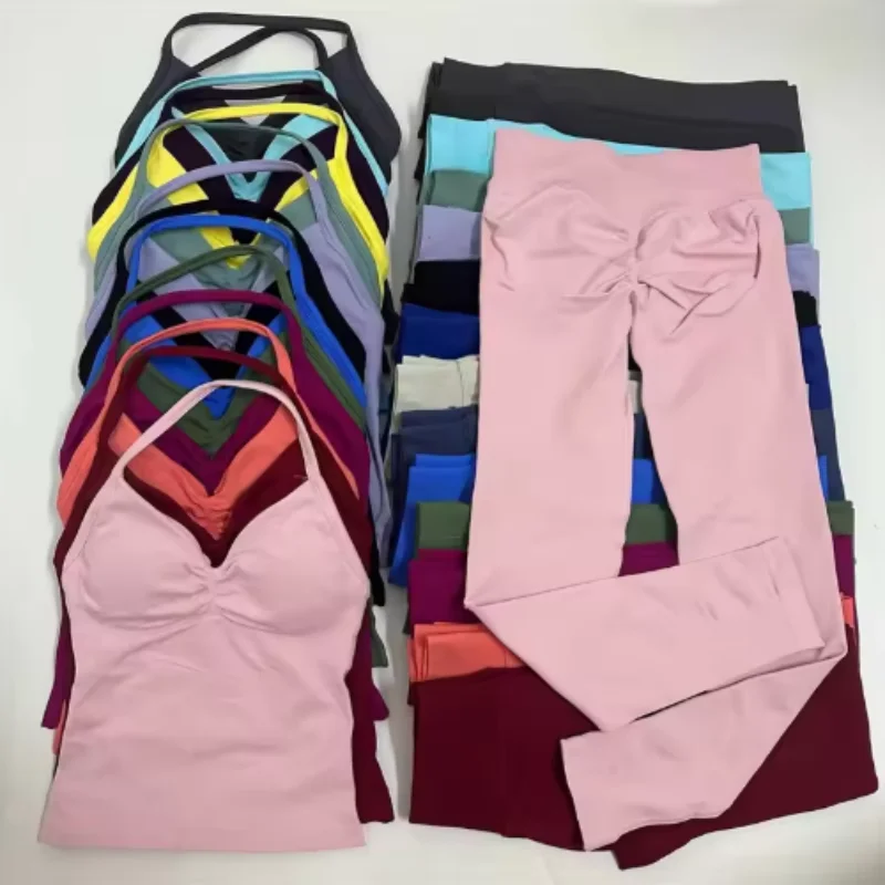 2Pcs Gym Set Women Backless Tank Tops High Waist Scrunch Seamless Shorts Gym Suit Fitness Clothes Activewear Workout Sets