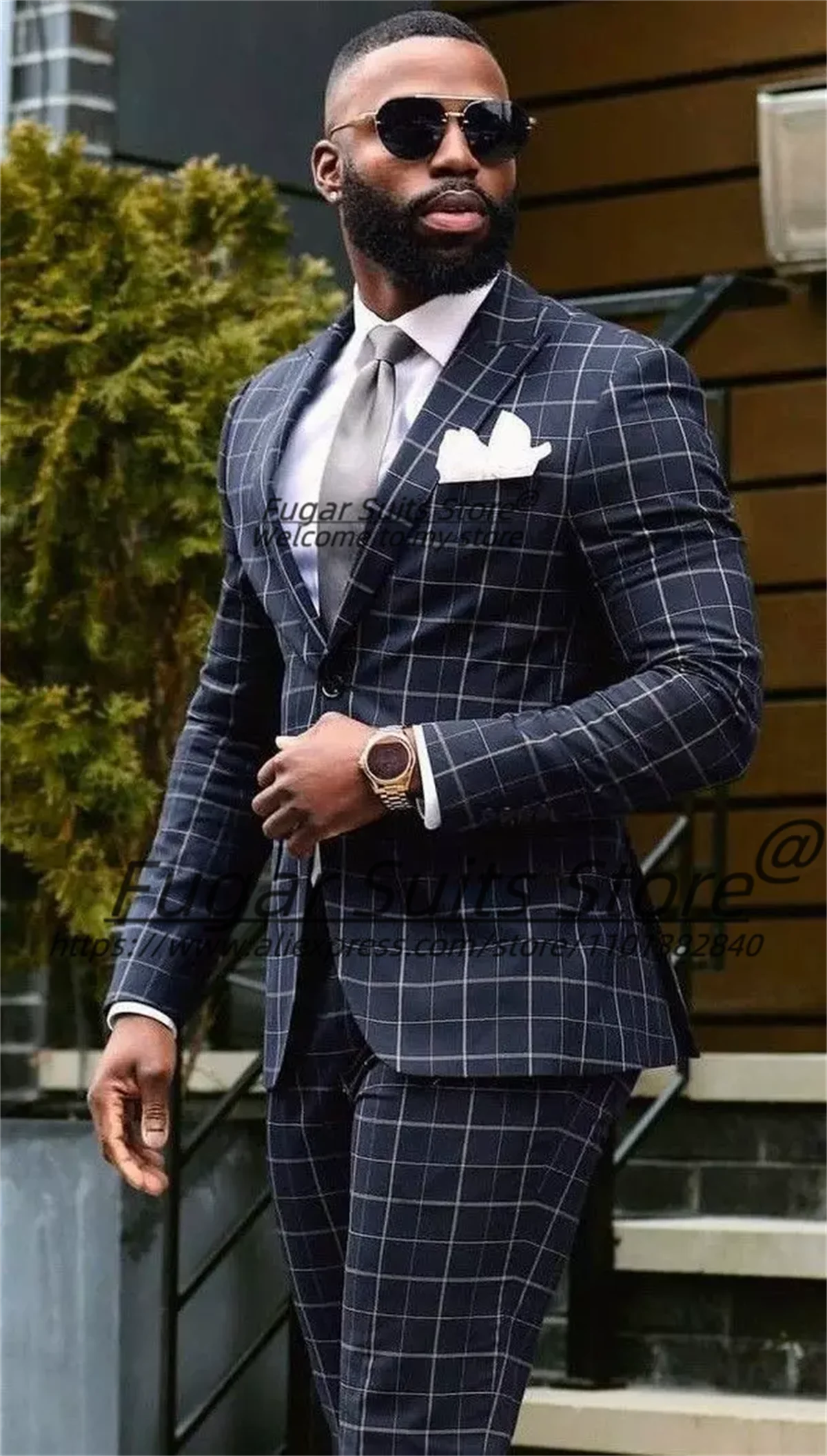 

Business Navy Blue Plaid Men Suits Slim Fit Peak Lapel Groom Wedding Tuxedos 2Pieces Sets Male Prom Blazers Business Ropa Hombre