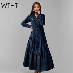 WTHT 2025 용수철 우아한 패션 싱글 브레스트 허리 포옹 데님 원피스 라펠 긴팔 주름 드레스, 1LS814