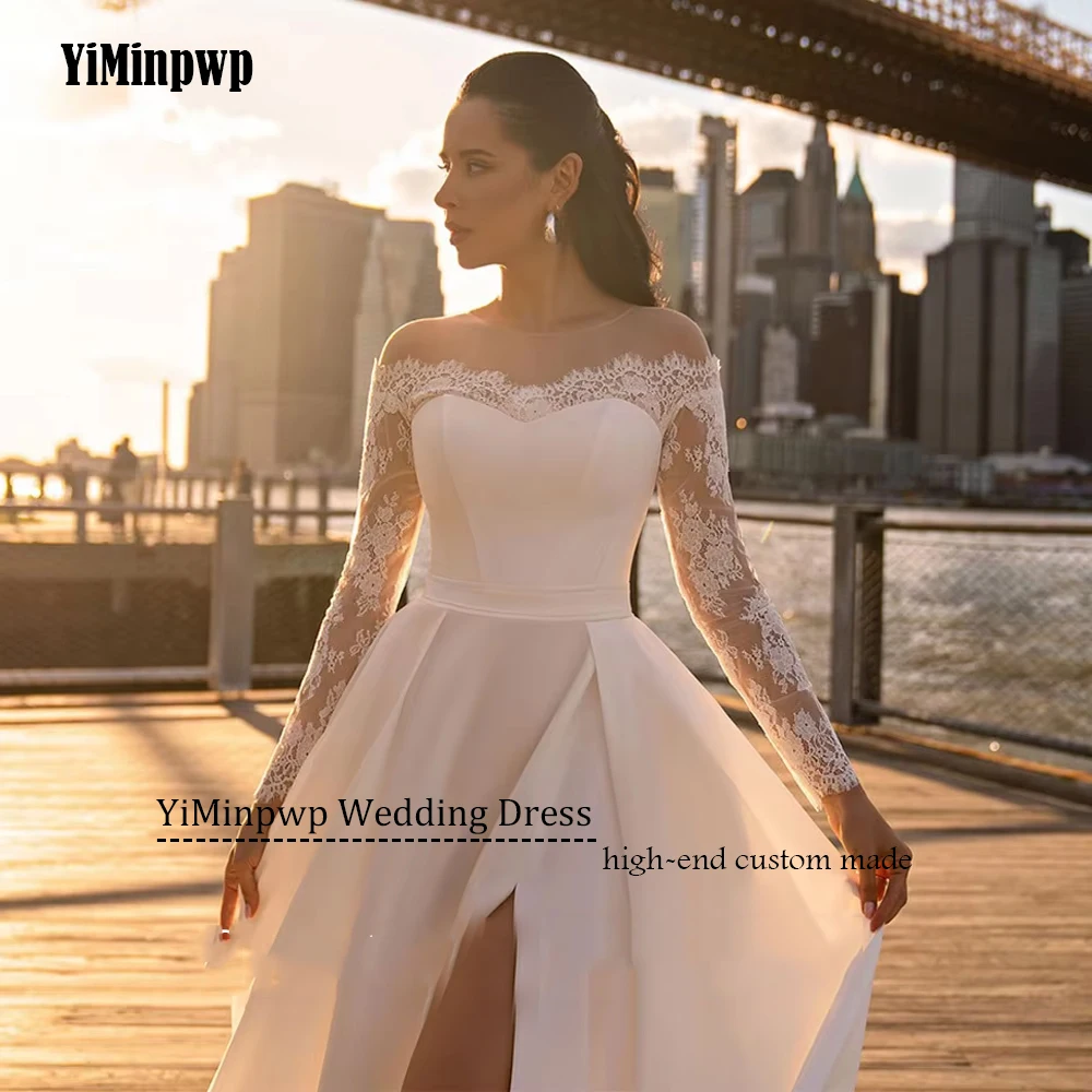 Vestidos De Novia Vintage personalizados con cuello redondo, apliques De satén, línea A, manga larga, Vestidos De Novia para playa, espalda con cremallera, 2025Personalizado vestidos de novia vintage cuello o 2025 apli