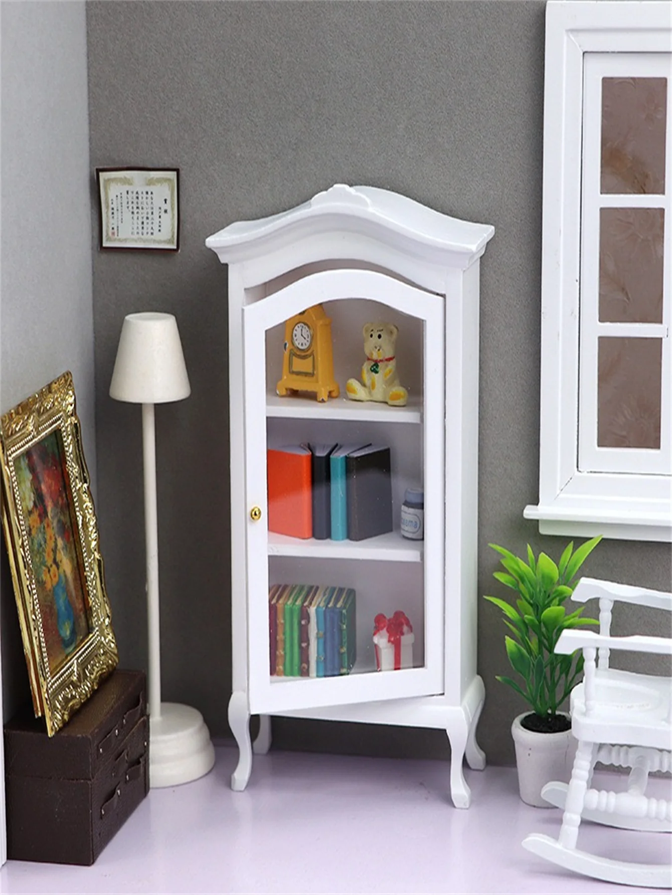 1:12 Ratio White Wooden Mini Display Cabinet with Transparent Glass Door - Elegant Collection Display Cabinet for Home Decoration, Model Scenes and Storage, Model Scene Accessories | Classic Cabinet Design | Complex De