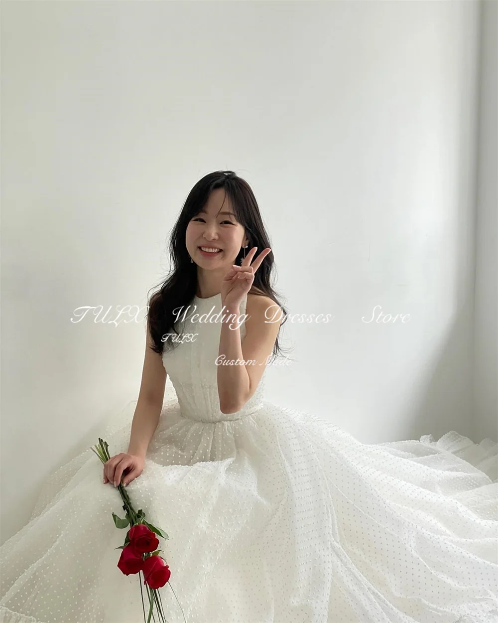 Tulx princesa pontos tule vestido de sessão de fotos de casamento personalizado até o chão em camadas coreia o-pescoço inchado vestidos de noiva espartilho nne").