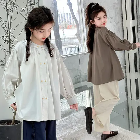 100% 코튼 소녀 레이스 업 블라우스 봄 가을 어린이 아기 소녀 활 라운드 넥 캐주얼 루즈 긴팔 셔츠 TZ034 19 여자를위한 키즈 디자이너 긴 소매 블라우스 봄 가을 옷 간략한 스타일 십대 아동 셔츠 streetwear 복장 연령 5-14 년