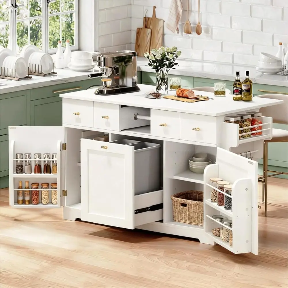

59 White Mobile Kitchen Island with Drop Leaf, Storage, Power Outlet, Trash Bin & Spice Rack