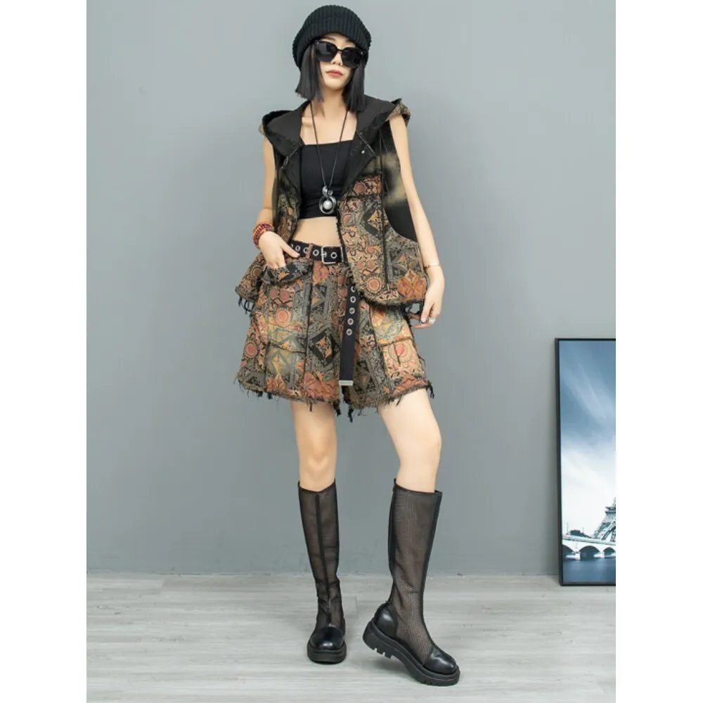 Trendy Vintage Printed Denim Hooded Irregular Vest + Wide Leg Shorts Two-piece Set Women 2024 Autumn Fashion Outfit ZF273