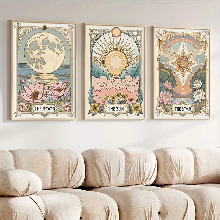 Frameless3 Pieces Vintage Sun Star Moon Tarot Card Art Prints Boho Poster Celestial Wall Decor for Living Room, Bedroom, Horosco