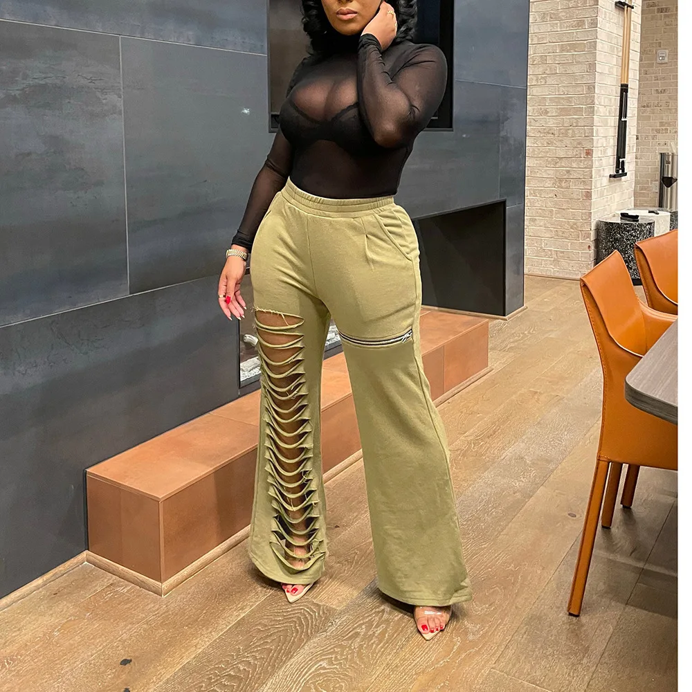 여성용 루즈 캐주얼 팬츠 신상품 홀로우 아웃 지퍼 루즈 핏 편안한 라이오셀 섬유 롱 팬츠 패셔너블