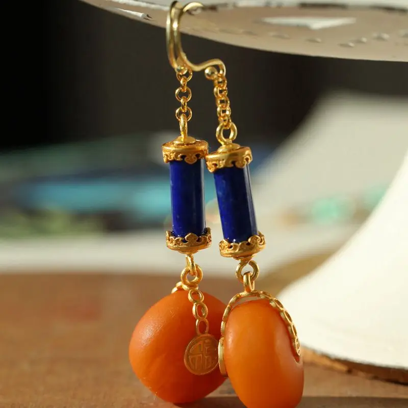 

Chinese Style Natural Amber, Aged Beeswax, Lapis Lazuli, Retro Women's Earrings, Classical Jewelry Gifts