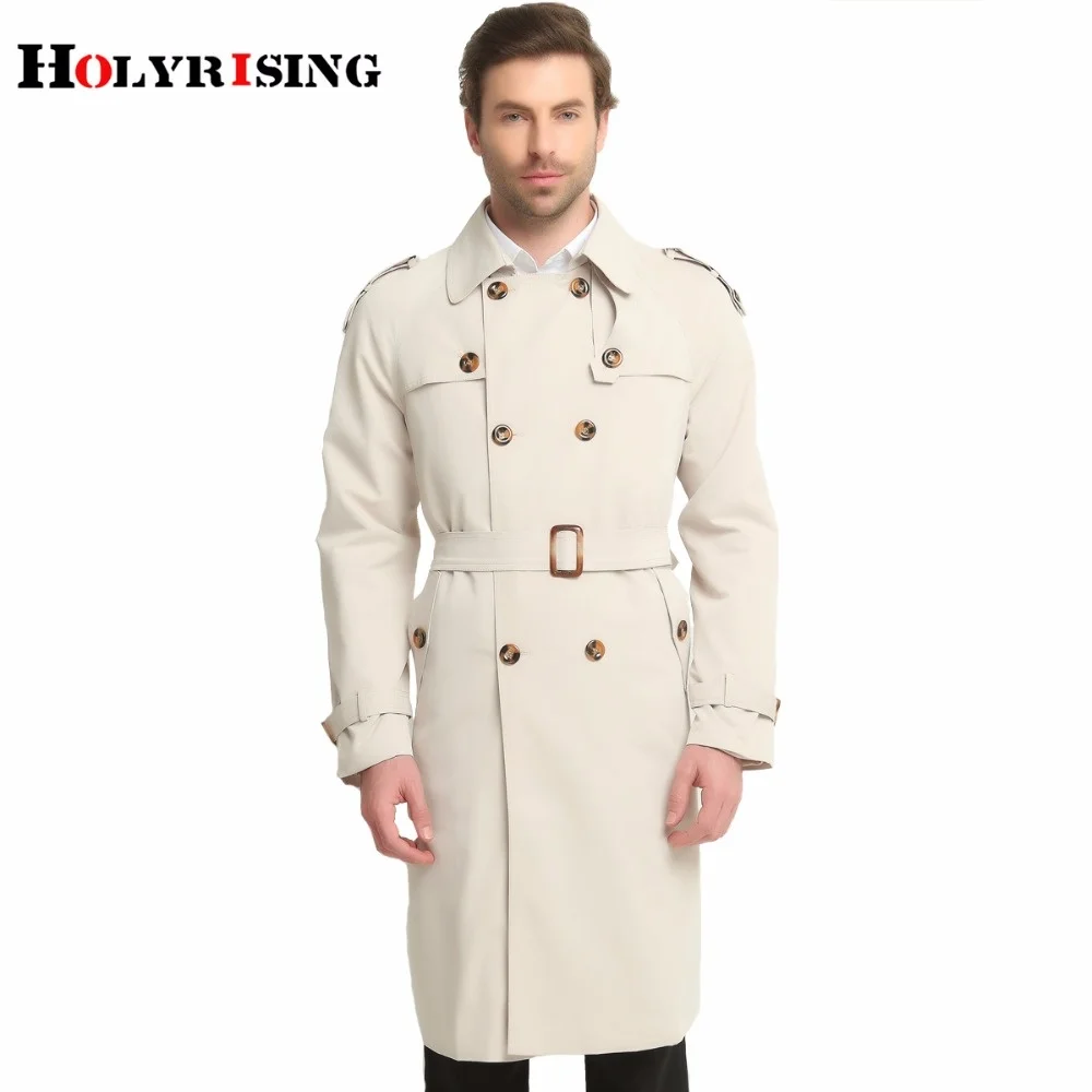 Holyrising S-6XL Long Trench Coat Men Classic Fashion British Leisure Slim Fit Windbreaker Double Breasted Solid Beige Wind