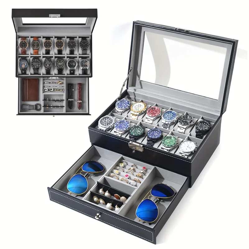 Leather Lockable Watch Storage Boxes,Men & Women's Jewelry Display Drawer Case, 2-Tier Organizer Watch Showcase ﻿
